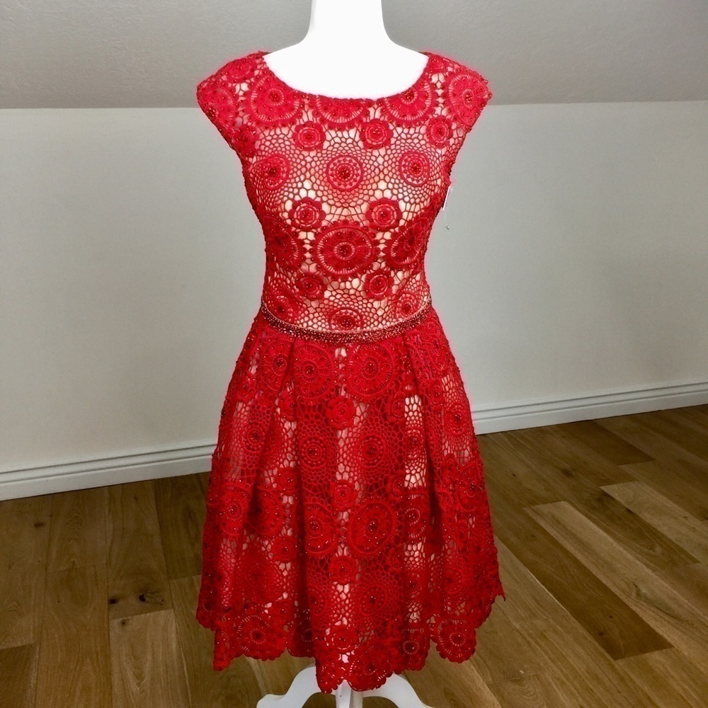 Jovani Fit & Flare Lace Rhinestone Midi Dress Cocktail Formal Open Back Size 2